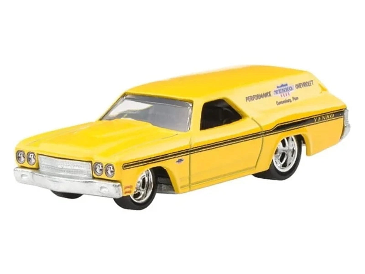 Yellow 1970 Chevrolet Chevelle SS Wagon "Yenko" diecast model car by Hot Wheels, part of the Fast Wagons series, by Miniature Motors.