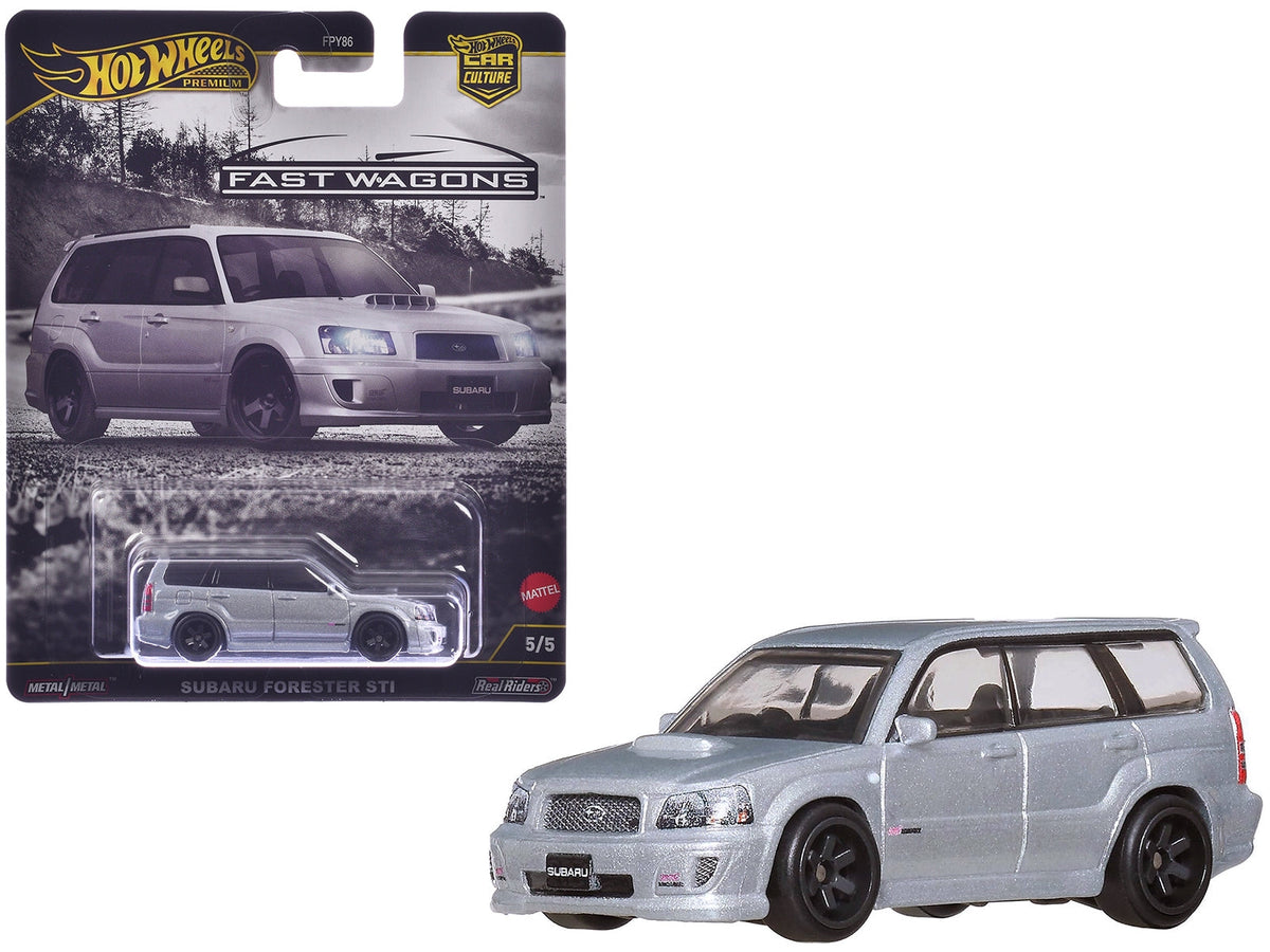 Silver metallic Subaru Forester STI diecast model car from Miniature Motors, part of the Hot Wheels "Fast Wagons" series.
