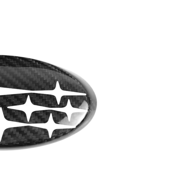 JDMuscle carbon fiber emblem covers for Subaru WRX and STI models, front and back ornament with red, white, and blue accents.