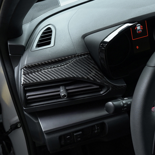 JDMuscle 2022-2023 Subaru WRX P&S Series carbon fiber dash trim covers 6-piece set in black and red.