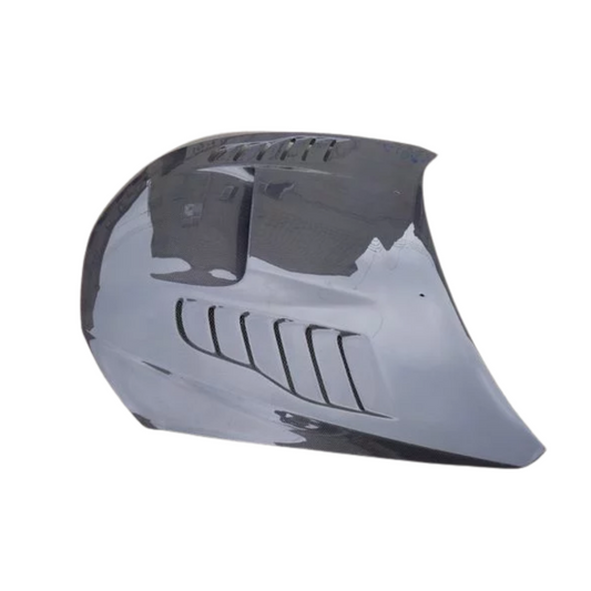 JDMuscle Tanso carbon fiber hood for 2008-2014 Subaru WRX/STI GVB/GRB models, showcasing lightweight, sleek design and carbon fiber finish.