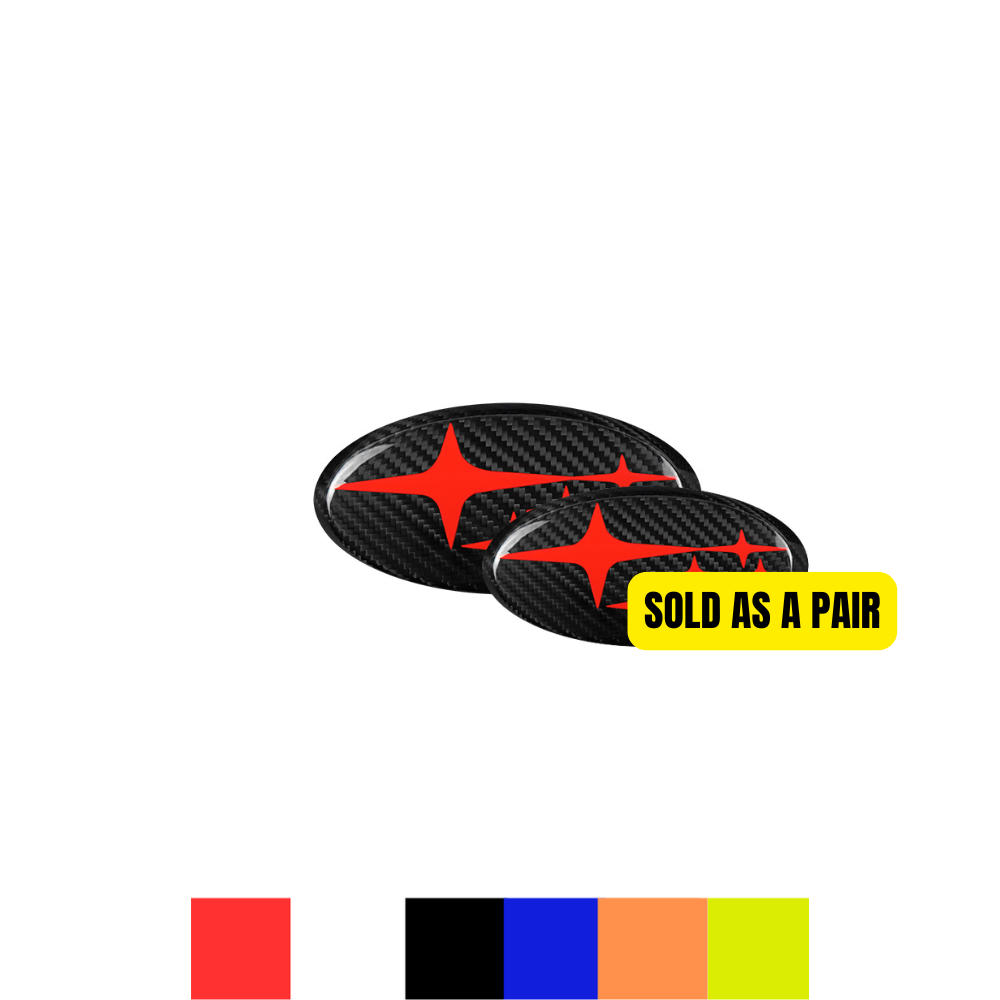 JDMuscle Tanso carbon fiber emblem covers for Subaru WRX, STI, Crosstrek, and Impreza front and back ornamentations.