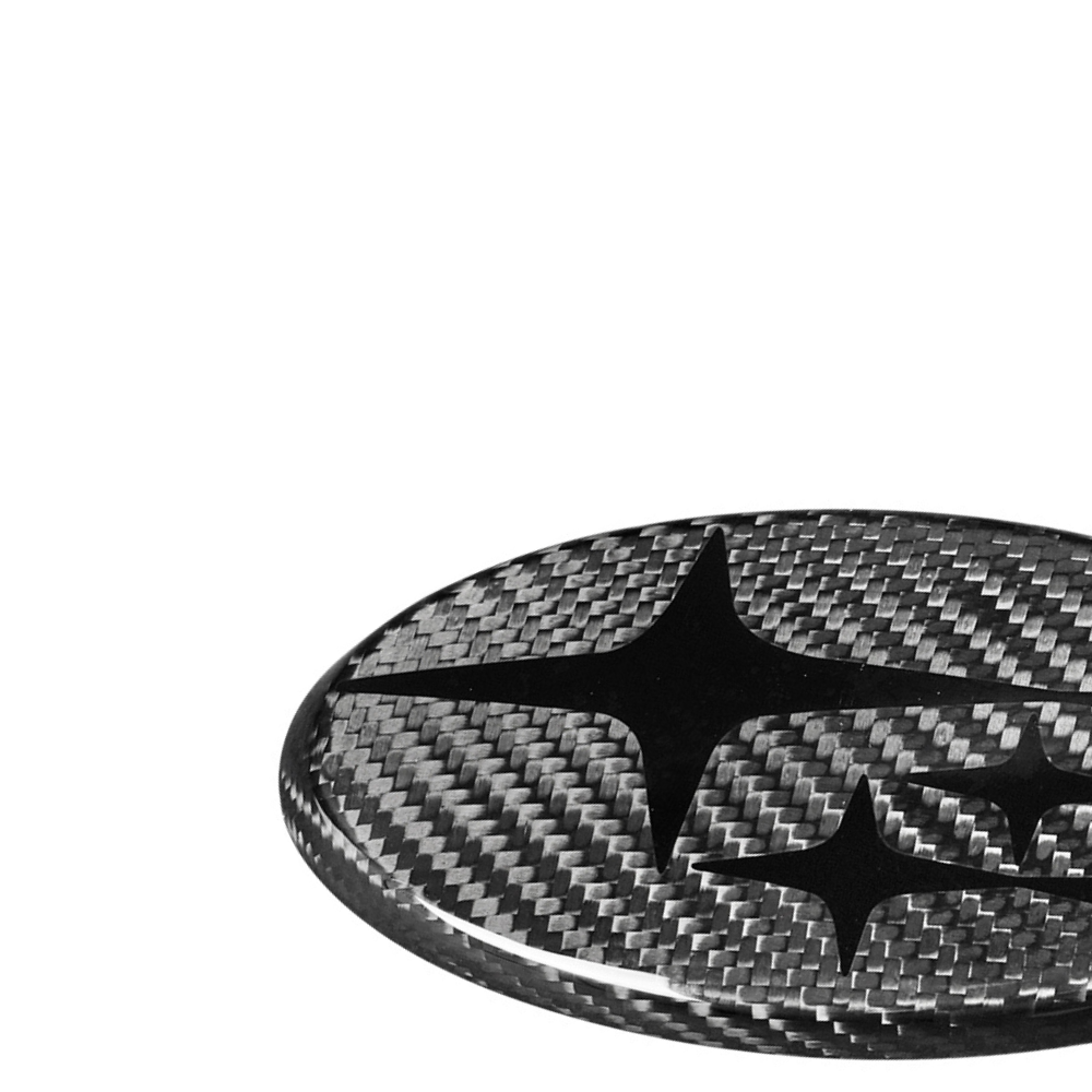JDMuscle Tanso carbon fiber Subaru emblem covers for 2015-2024 WRX, STI, Crosstrek, and Impreza, front and back ornament set.