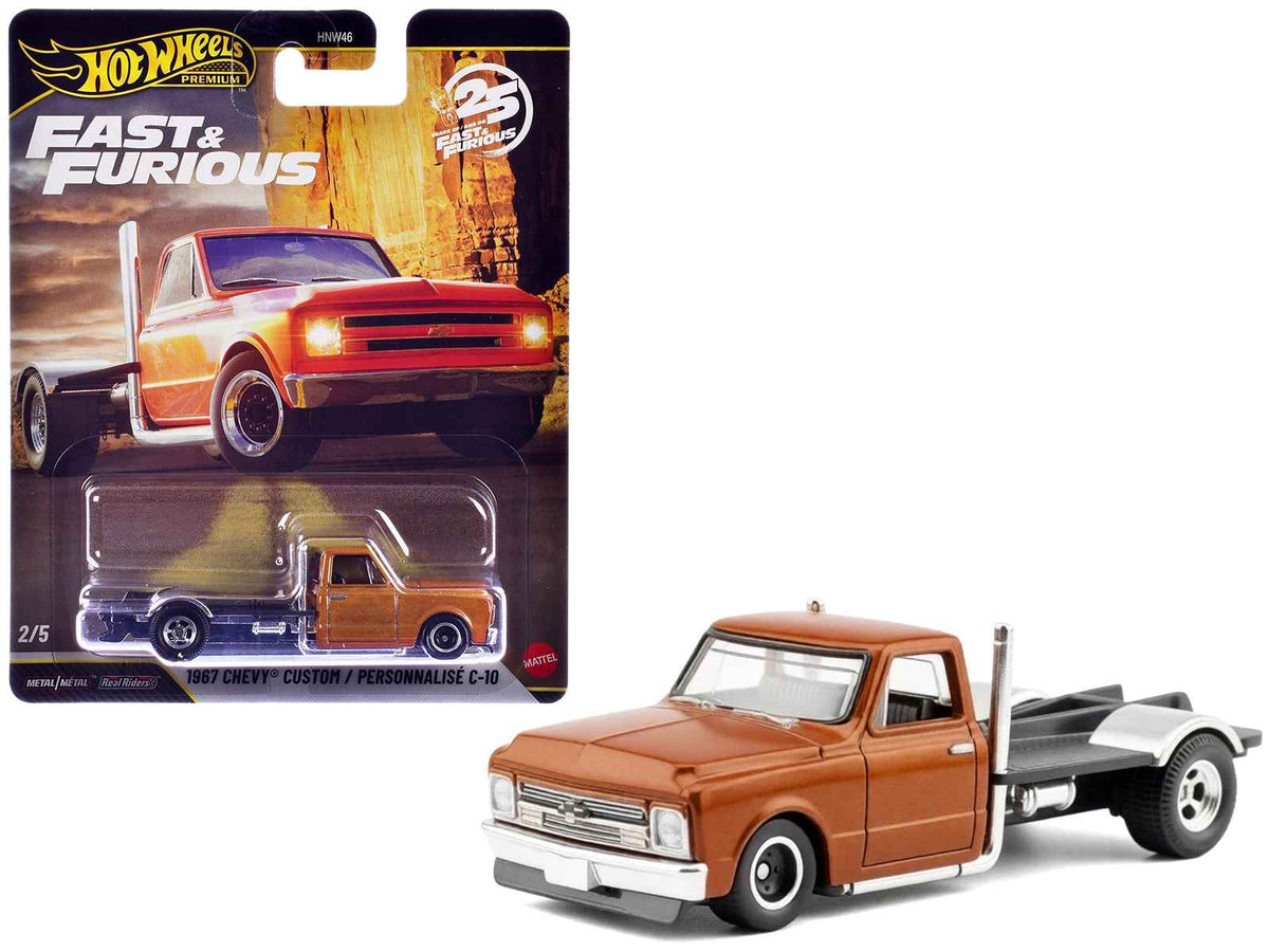 Orange metallic 1967 Chevrolet C-10 Custom bedless diecast model truck from Hot Wheels, inspired by "Furious 7" movie, by Miniature Motors.