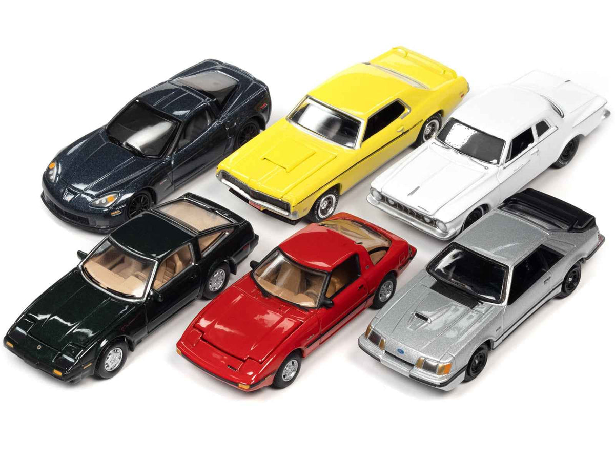 Six diecast model cars from Johnny Lightning's Classic Gold Collection 2022 Set B, 1/64 scale, by Miniature Motors.