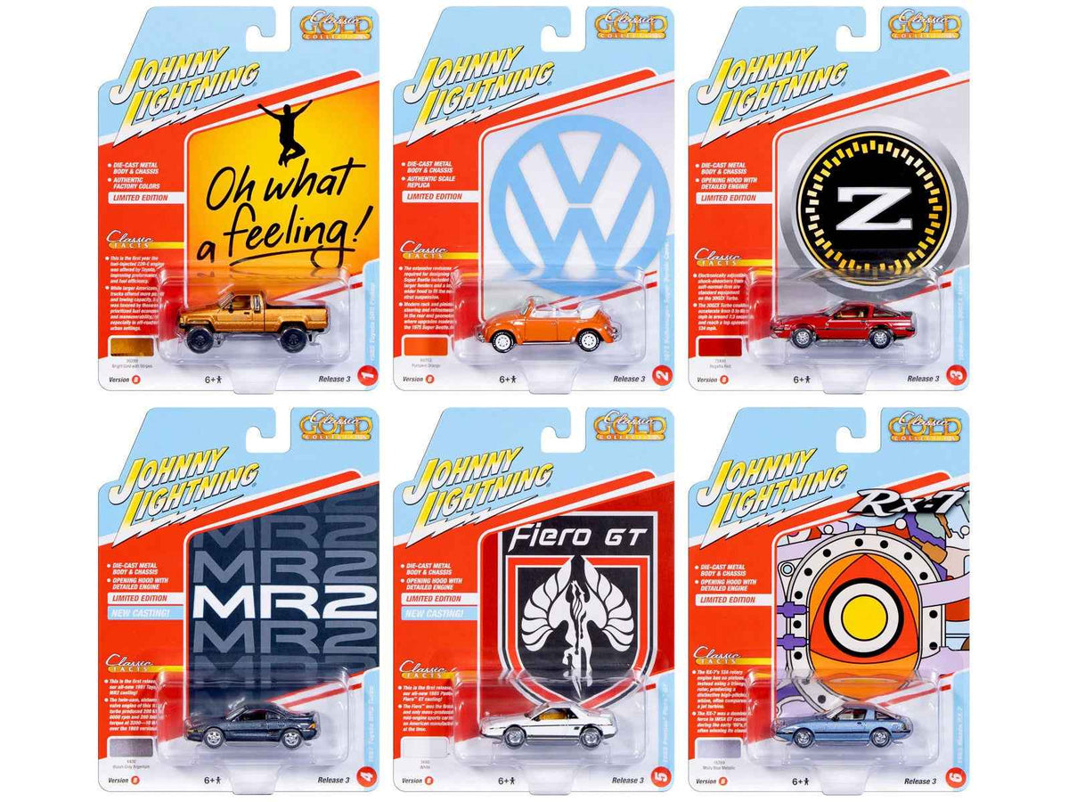 Set of six 1/64 scale diecast model cars from Johnny Lightning's Classic Gold Collection by Miniature Motors, detailed collectible vehicles.