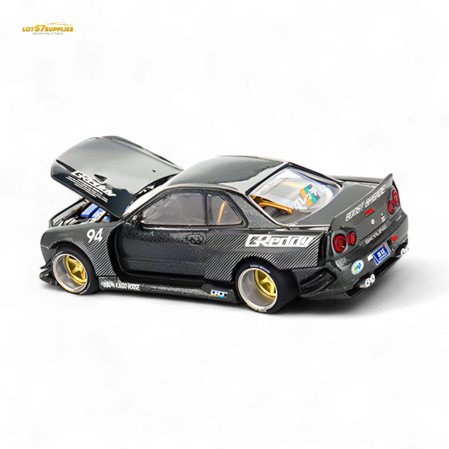 Pre-order Mini GT Nissan Skyline GT-R R34 Kaido Works GReddy V2 diecast model, detailed 1:64 scale car with vibrant design