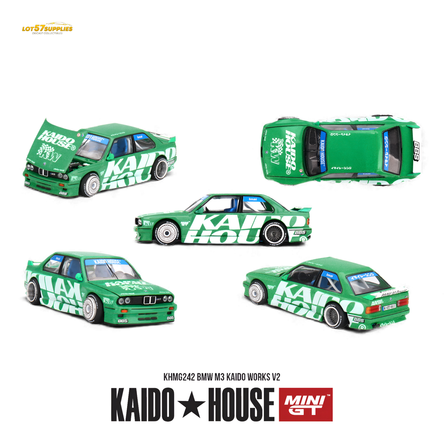 Pre-order Kaido House BMW M3 Kaido Works V2 diecast model in 1:64 scale, showcasing detailed design and vibrant colors.
