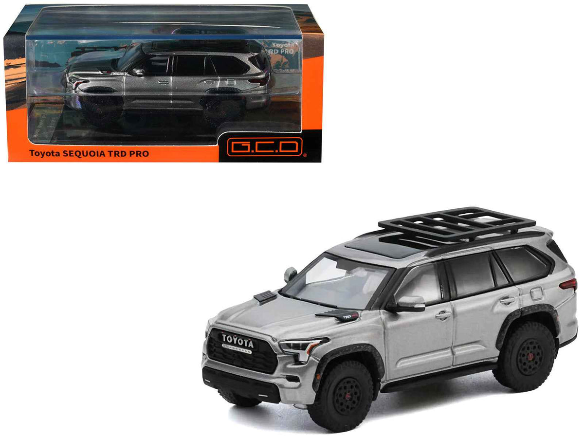 Miniature Toyota Sequoia TRD PRO silver metallic diecast model car with roof rack by Miniature Motors, 1/64 scale.