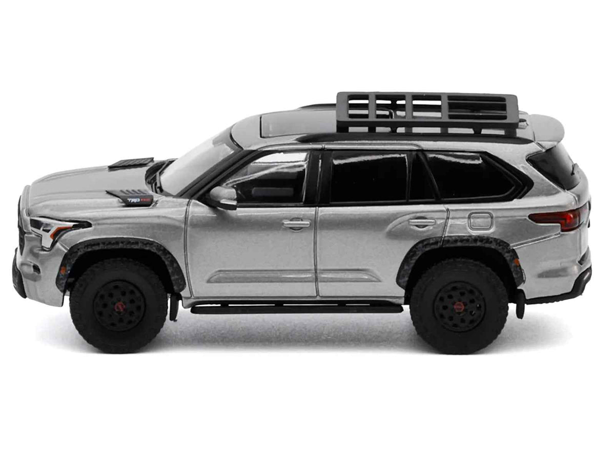 Miniature Toyota Sequoia TRD PRO silver metallic diecast model car with roof rack by Miniature Motors, 1/64 scale.