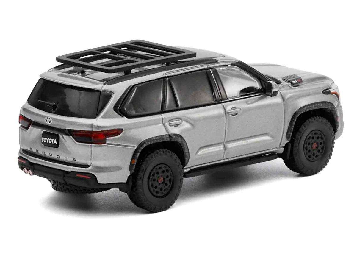 Miniature Toyota Sequoia TRD PRO silver metallic diecast model car with roof rack by Miniature Motors, 1/64 scale.