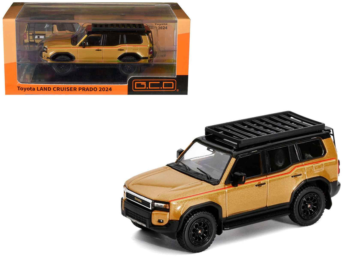 Miniature Toyota Land Cruiser Prado 2024 diecast model in gold metallic with red stripes and roof rack by Miniature Motors.