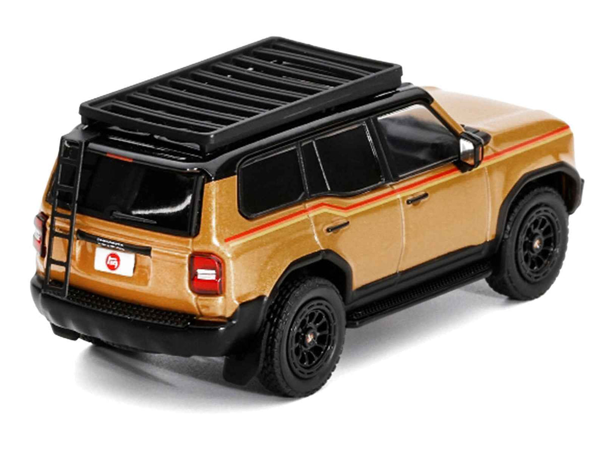 Miniature Motors 1/64 diecast model of 2024 Toyota Land Cruiser Prado in gold metallic with red stripes and roof rack