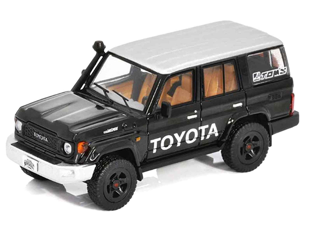 Miniature Toyota Land Cruiser J76 diecast model car in black with silver metallic top by Miniature Motors, 1/64 scale.