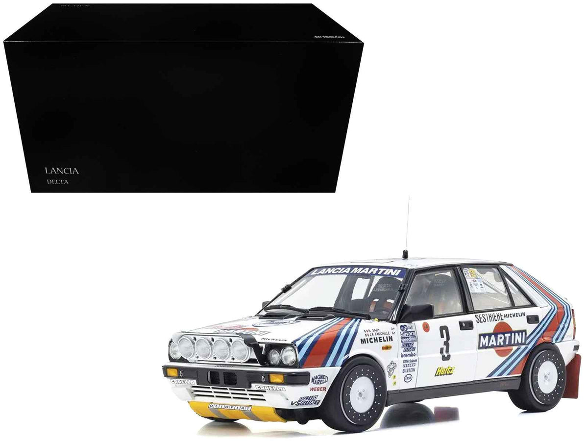 Miniature Lancia Delta HF 4WD #3 Bruno Saby rally car diecast model by Kyosho, detailed replica of 1988 Monte Carlo winner.