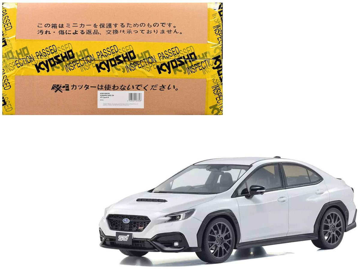 White Subaru WRX S4 STI Sport 1/18 scale model car by Miniature Motors, detailed right-hand drive Subaru model in display setting.