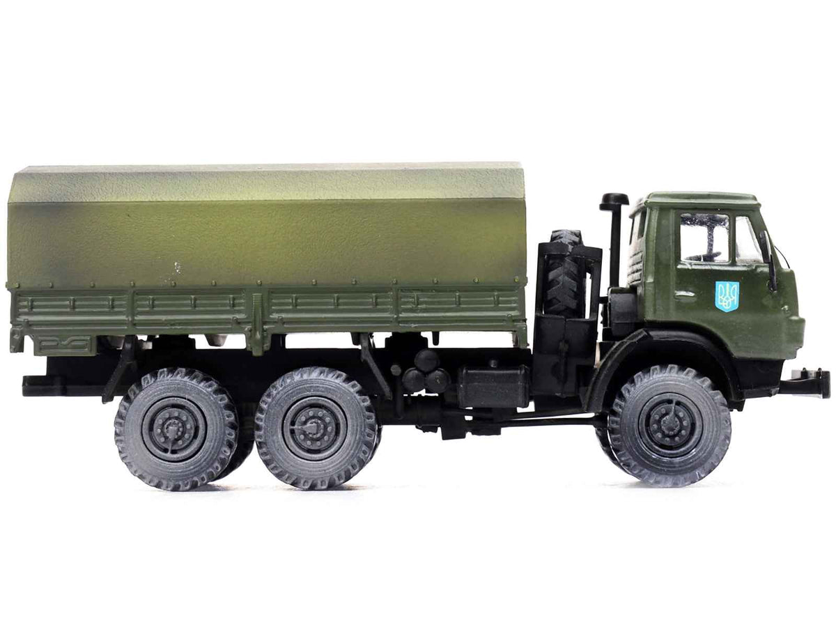 Weathered green Kamaz 4310 transport truck diecast model by Legion, representing Ukrainian Ground Forces, 1/72 scale.