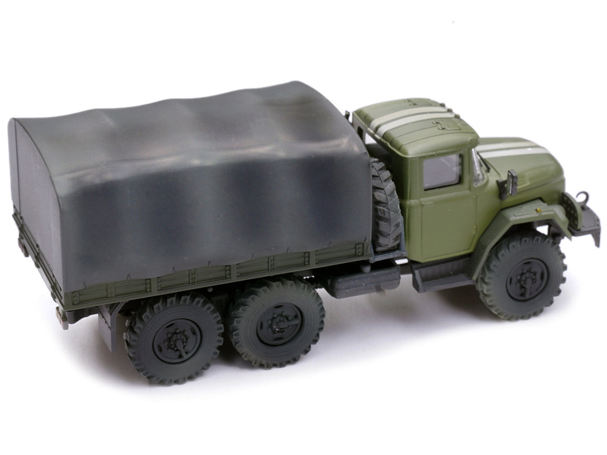 Green ZIL 131 cargo truck diecast model with white stripes, labeled "Ukrainian Ground Forces," by Legion for Miniature Motors.