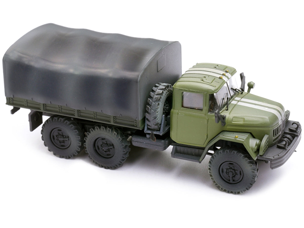 Green ZIL 131 cargo truck diecast model with white stripes, labeled "Ukrainian Ground Forces," by Legion in 1/72 scale.