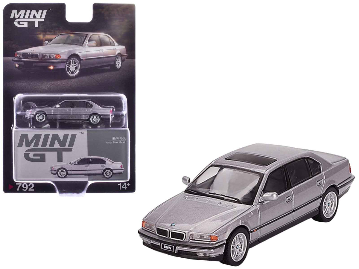 Mini GT BMW 750IL diecast model car in Aspen Silver Metallic with sunroof, 1/64 scale, limited edition collectible.
