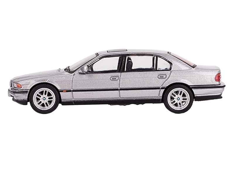 Mini GT BMW 750IL diecast model car in Aspen Silver Metallic with sunroof, 1/64 scale, detailed miniature vehicle.