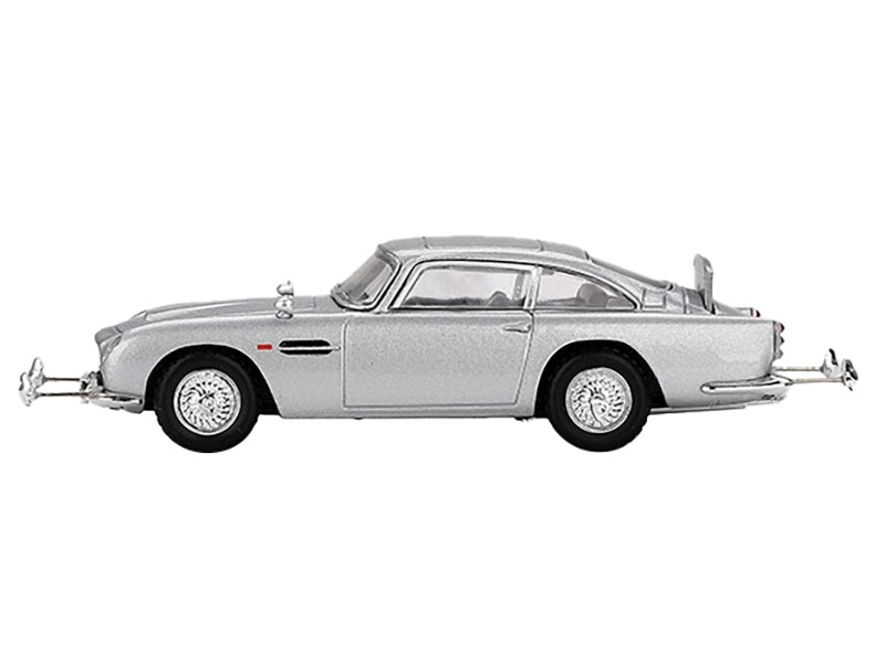 Mini GT Aston Martin DB5 RHD diecast model car in Birch Silver Metallic, inspired by James Bond "Goldfinger" 1964 movie, limited edition.