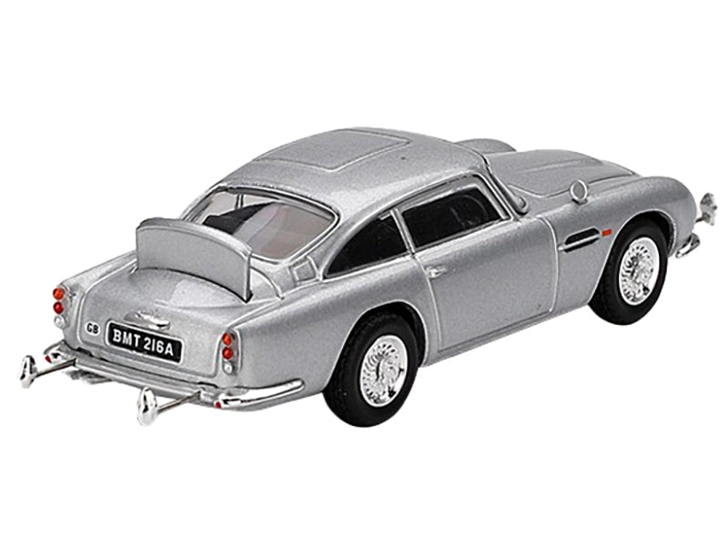 Mini GT Aston Martin DB5 RHD diecast model car in Birch Silver Metallic, inspired by James Bond "Goldfinger" 1964 movie.