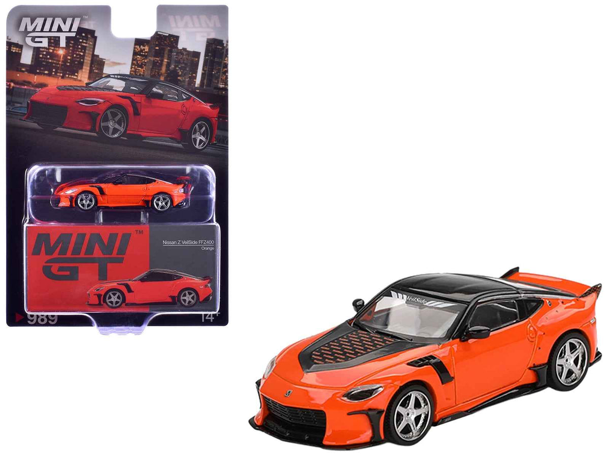 Mini GT Nissan Z VeilSide FFZ400 orange and black limited edition 1/64 diecast model car with detailed exterior.