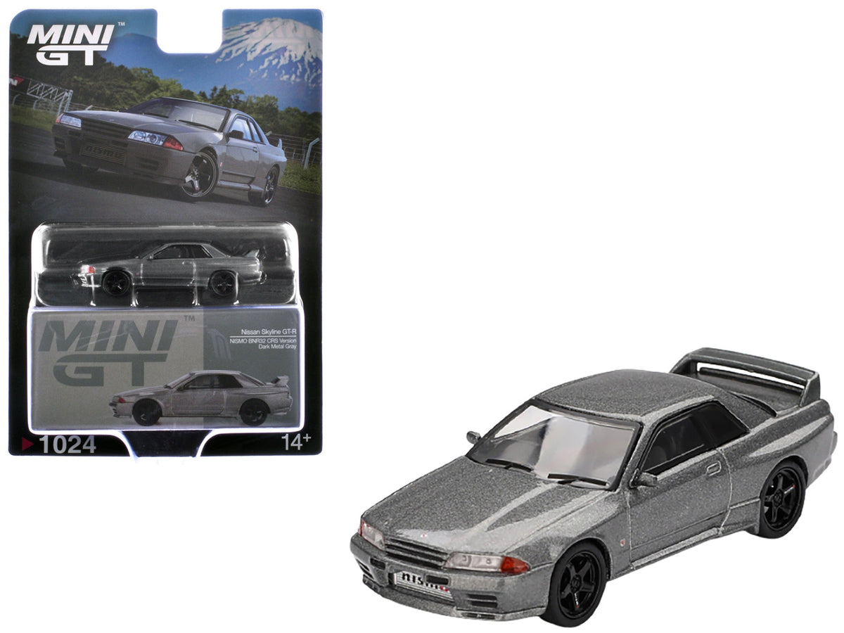 Dark metal gray Nissan Skyline GT-R NISMO BNR32 diecast model car by Mini GT, detailed 1/64 scale, right-hand drive, limited edition.