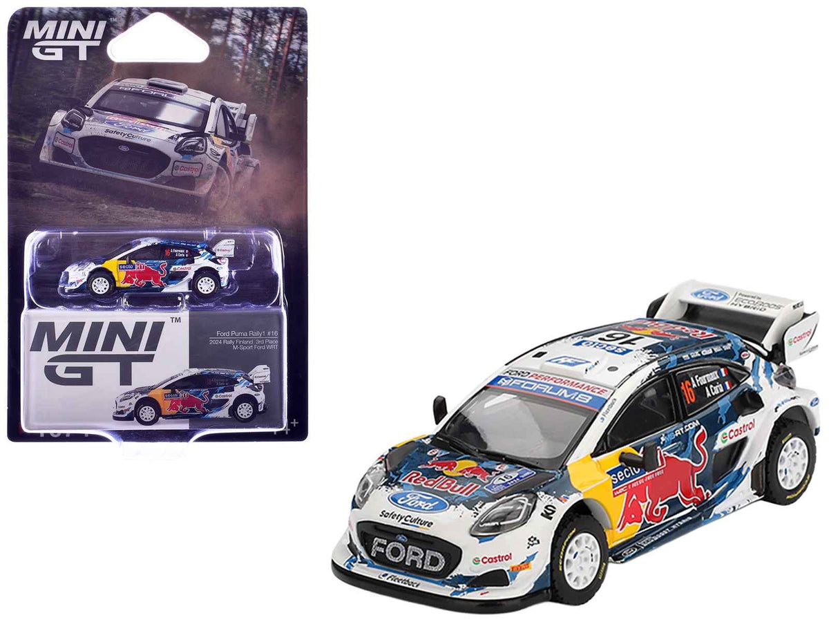 Mini GT Ford Puma Rally1 #16 diecast model car of Adrien Fourmaux and Alexandre Coria from M-Sport Ford WRT at Rally Finland 2024, limited edition.