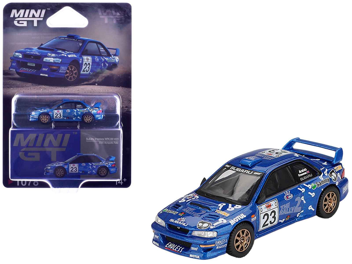 Mini GT Subaru Impreza WRC99 #23 Richard Burns diecast model car, detailed 1/64 scale replica of rally vehicle for collectors.