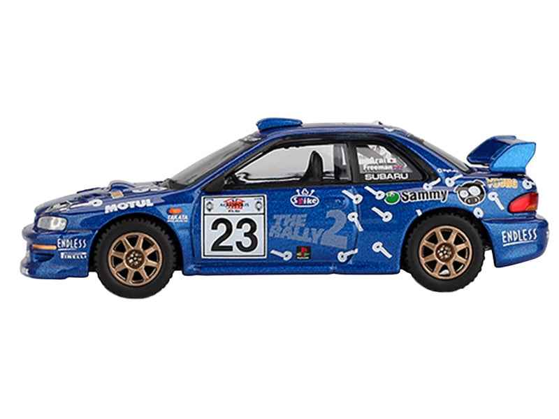 Mini GT Subaru Impreza WRC99 #23 Richard Burns diecast model car from the Acropolis Rally 2000, detailed 1/64 scale collectible.