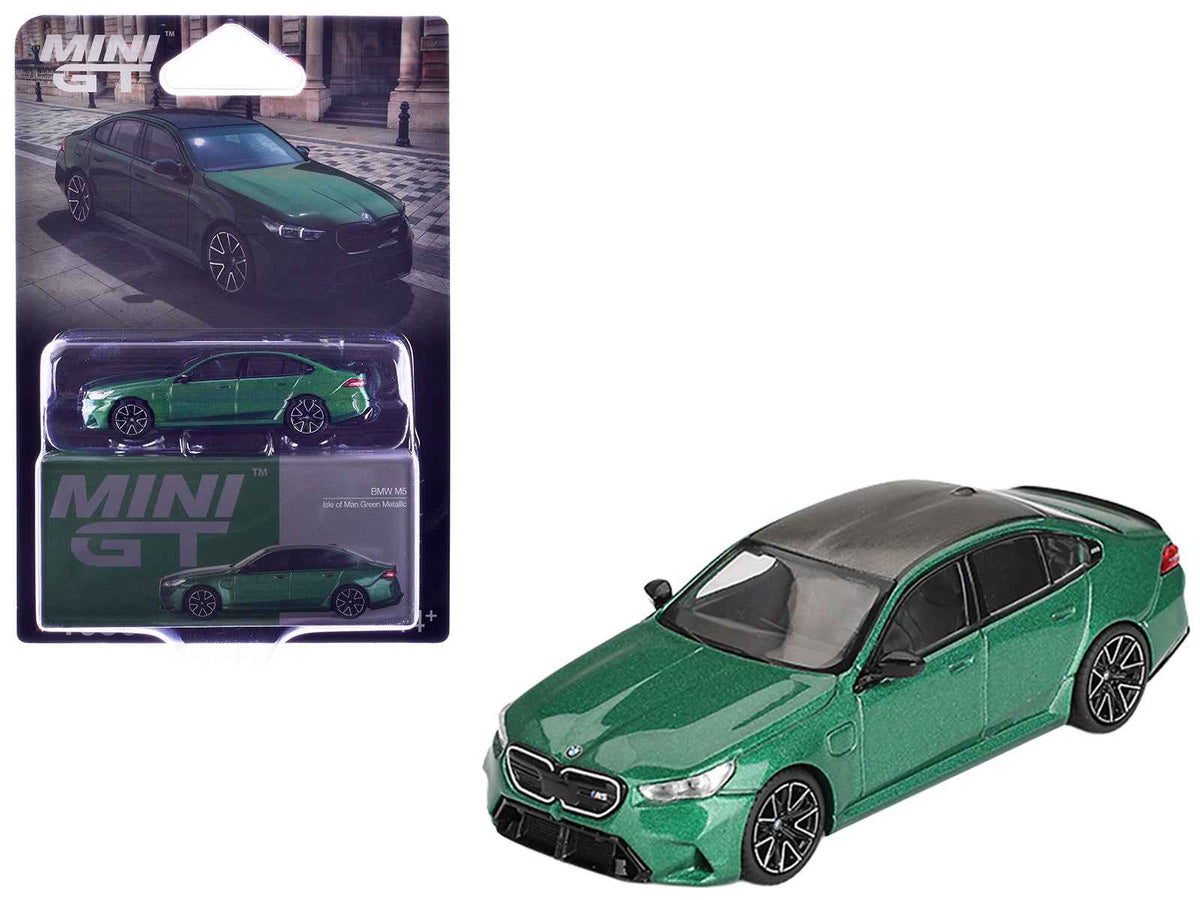Mini GT BMW M5 Isle of Man Green Metallic diecast model car with carbon roof, limited edition 1/64 scale.