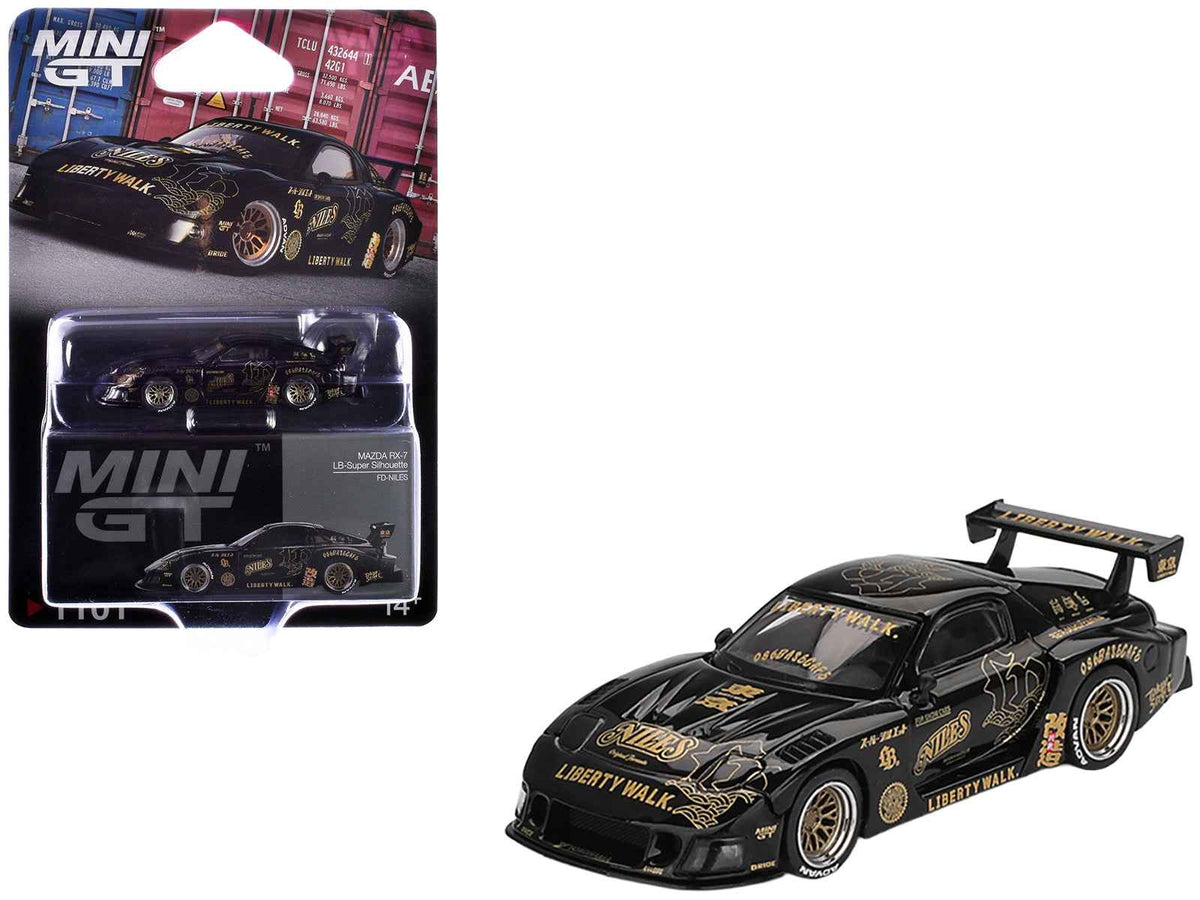 Mini GT Mazda RX-7 LB-Super Silhouette diecast model car in black with gold graphics, limited edition 1/64 scale by Miniature Motors