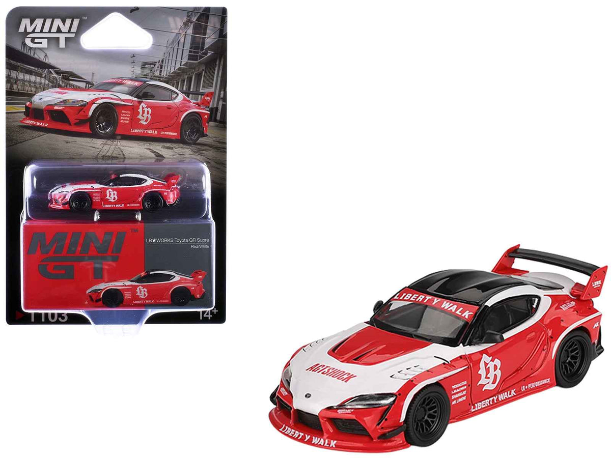 Red Toyota GR Supra "LB-Works" 1/64 diecast model car by Miniature Motors, featuring white stripes and a black roof.