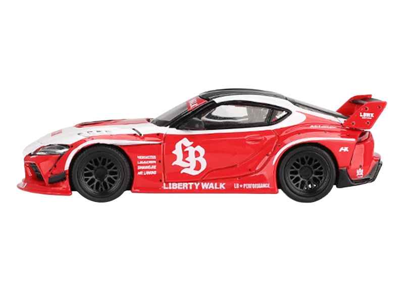 Red Toyota GR Supra LB-Works 1/64 diecast model car with white stripes and black top by Miniature Motors.