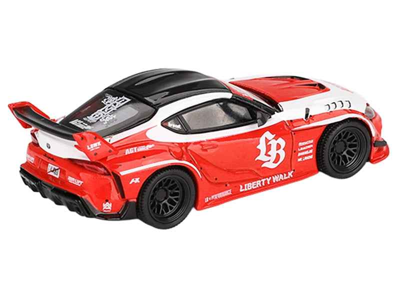 Red Toyota GR Supra "LB-Works" diecast model car by Mini GT with white stripes and black top, limited edition 1/64 scale.