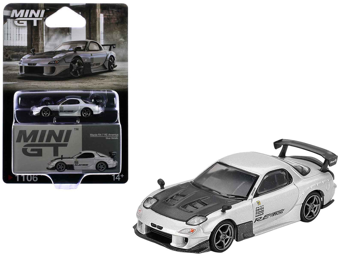 Mini GT Mazda RX-7 RE-Amemiya diecast model car in silver metallic with matte black hood, limited edition 1/64 scale.