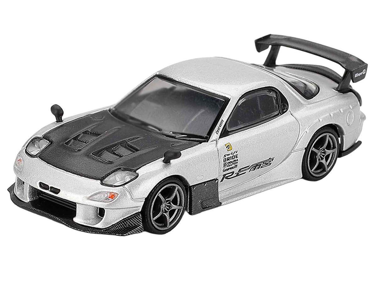Mini GT Mazda RX-7 RE-Amemiya silver metallic diecast model car with matte black hood, limited edition 1/64 scale.