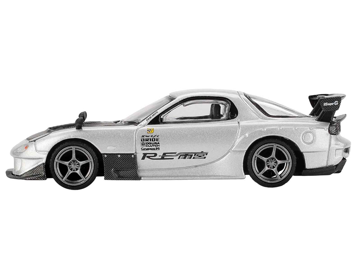 Silver metallic Mazda RX-7 RE-Amemiya diecast model car with matte black hood, 1/64 scale by Miniature Motors.