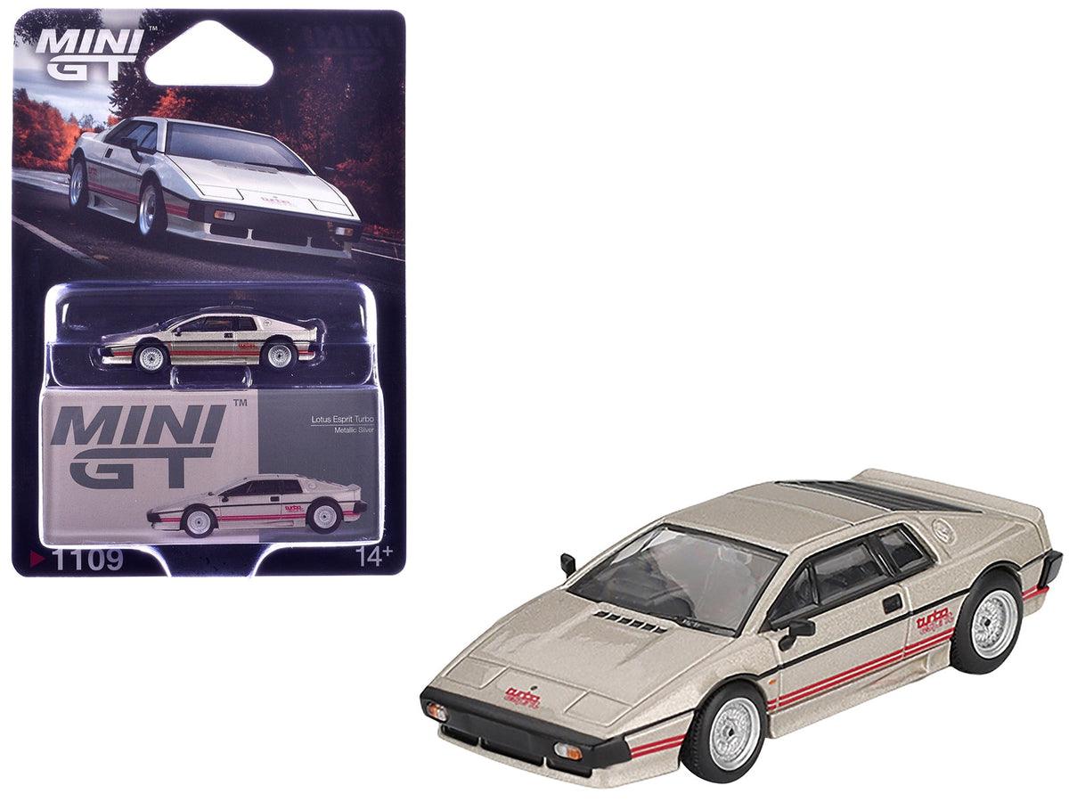 Mini GT Lotus Esprit Turbo diecast model car in silver metallic with red stripes, limited edition 1/64 scale, detailed miniature vehicle