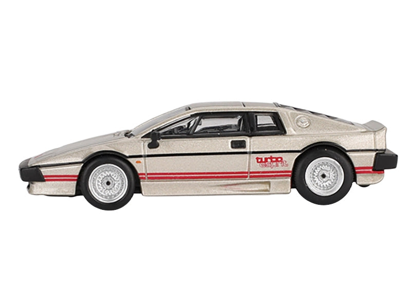 Mini GT Lotus Esprit Turbo 1/64 diecast model car in silver metallic with red stripes, limited edition collectible by Miniature Motors