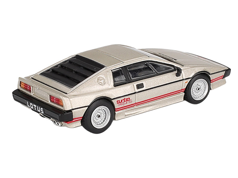 Silver metallic Lotus Esprit Turbo diecast model car with red stripes, limited edition 1/64 scale by Miniature Motors.