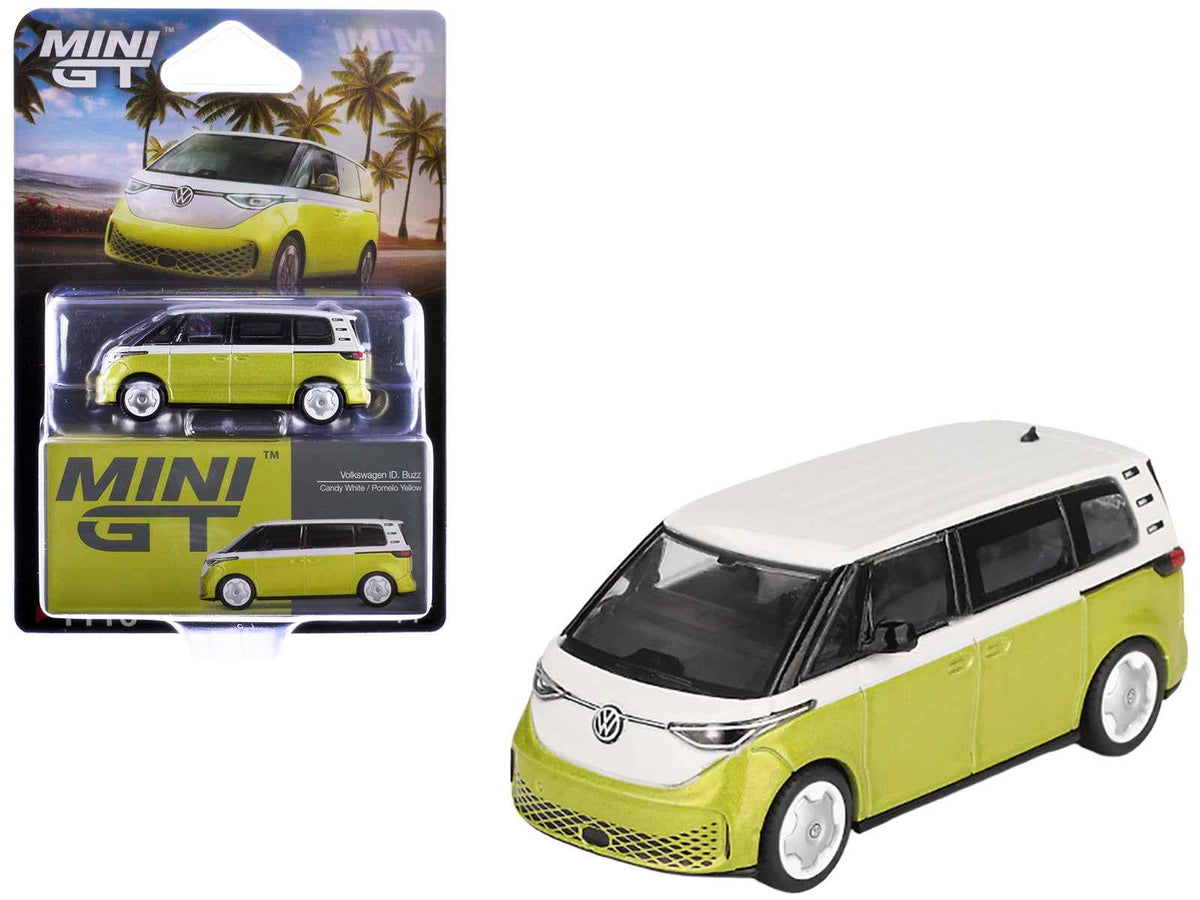 Mini GT Volkswagen ID. Buzz van diecast model in Pomelo Yellow Metallic and Candy White, 1/64 scale, detailed collectible toy