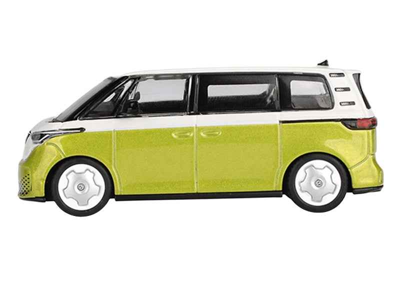 Mini GT Volkswagen ID. Buzz van diecast model in Pomelo Yellow Metallic and Candy White, limited edition 1/64 scale.