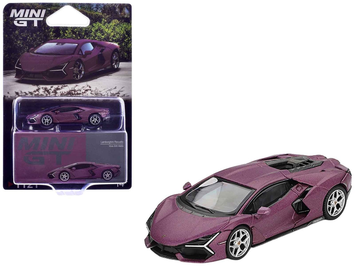 Mini GT Lamborghini Revuelto Viola 30th matte purple metallic 1/64 diecast model car, limited edition collectible.
