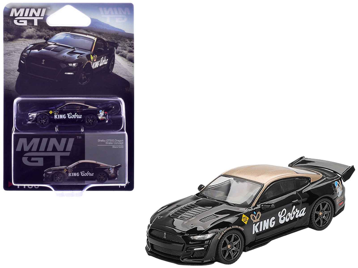 Mini GT Shelby GT500 Dragon Snake "King Cobra" diecast model car in black with gold metallic top, limited edition 1/64 scale.