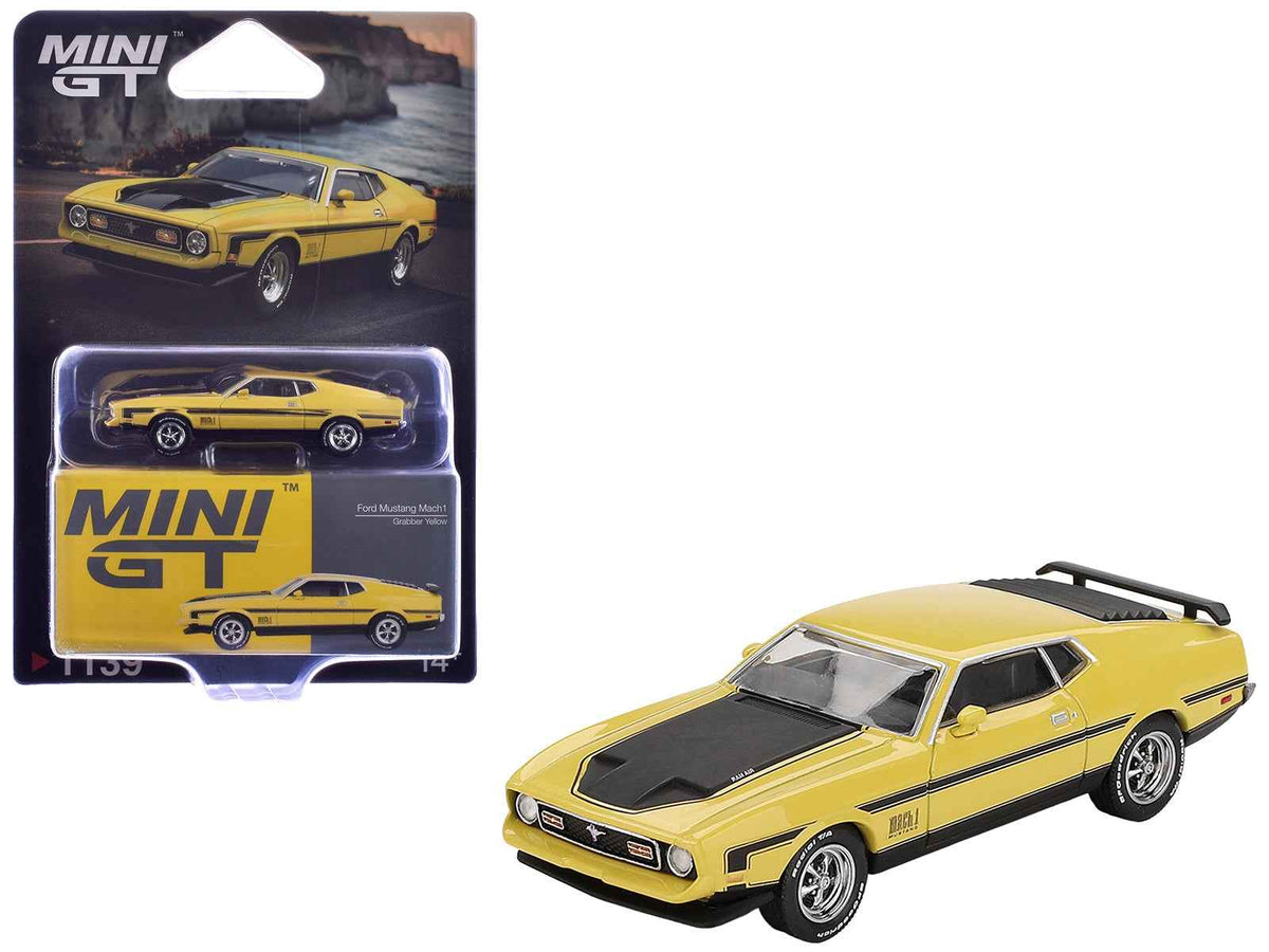 Mini GT Ford Mustang Mach 1 diecast model car in Grabber Yellow with black hood and stripes, limited edition 1/64 scale.
