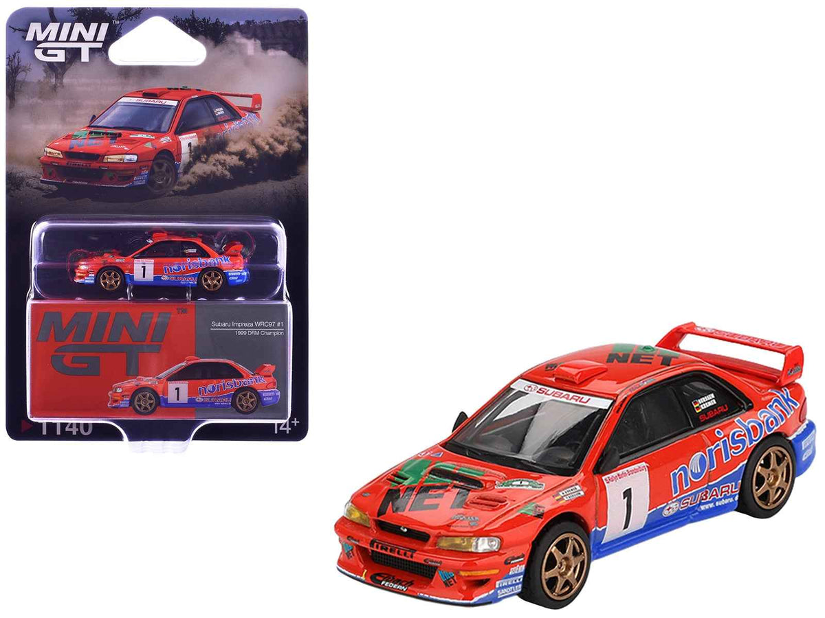 Mini GT Subaru Impreza WRC97 #1 diecast model car of Armin Kremer and Fred Berssen from 1999 Deutsche Rallye Meisterschaft race.