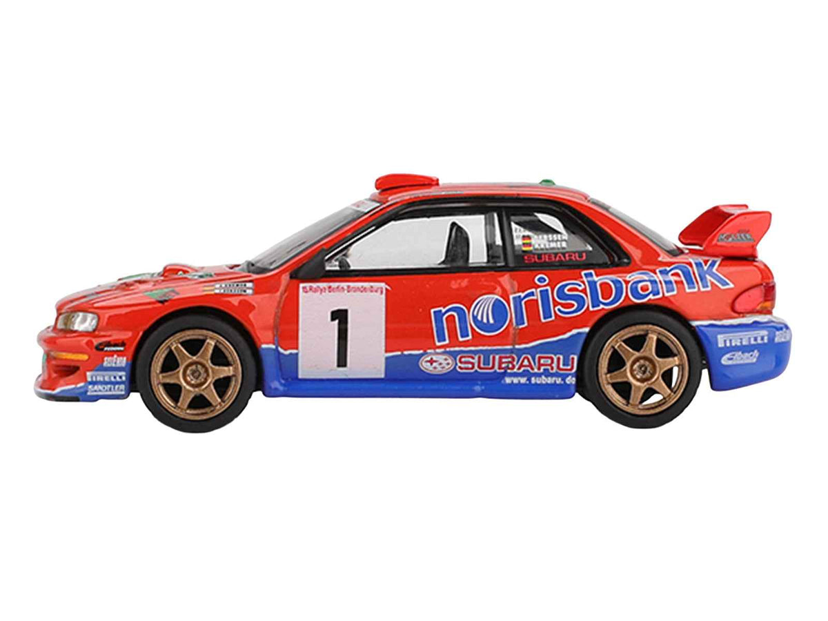 Mini GT Subaru Impreza WRC97 #1 diecast model car of Armin Kremer and Fred Berssen from the 1999 Deutsche Rallye Meisterschaft, limited edition
